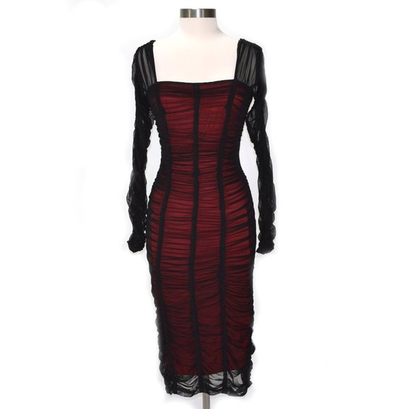 SUE WONG Black Red Mesh Ruched Midi Sheath Dress - Picture 2 of 9